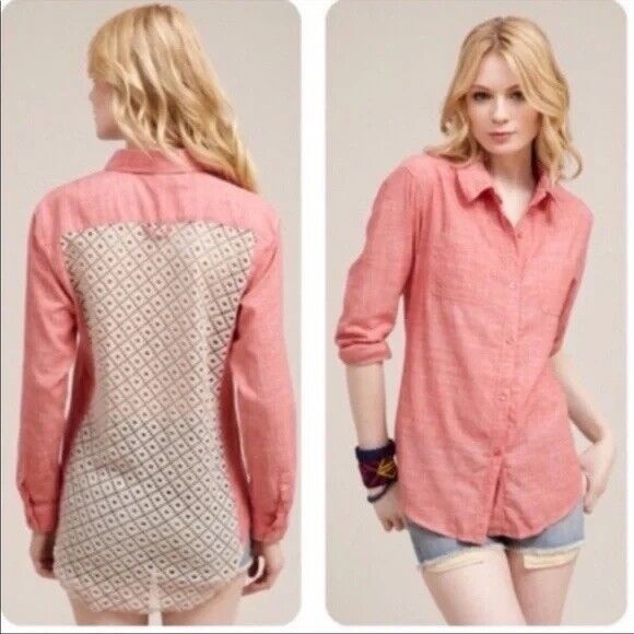 Free People Slubby Road Trip Lace Crochet Back Button Down Shirt Size Small Pink - Picture 8 of 10